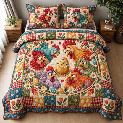 Funny Chicken Patchwork 3-Piece Quilted Bedding Set GFTOHNL5139