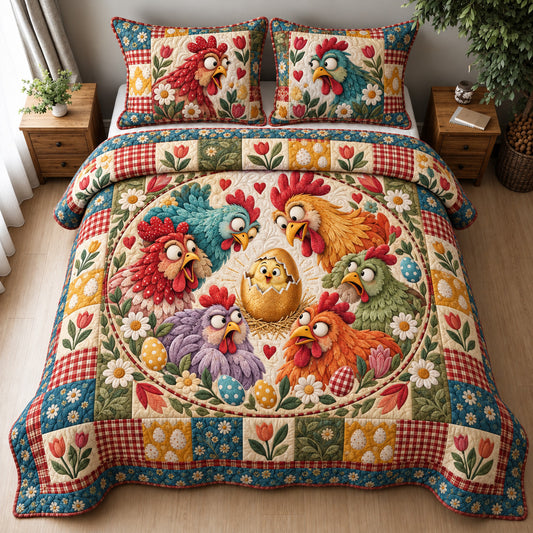 Funny Chicken Patchwork 3-Piece Quilted Bedding Set GFTOHNL5139