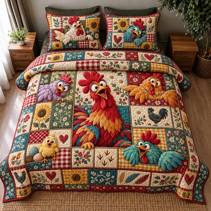 Crazy Chicken Parade 3-Piece Quilted Bedding Set GFTOHNL5140
