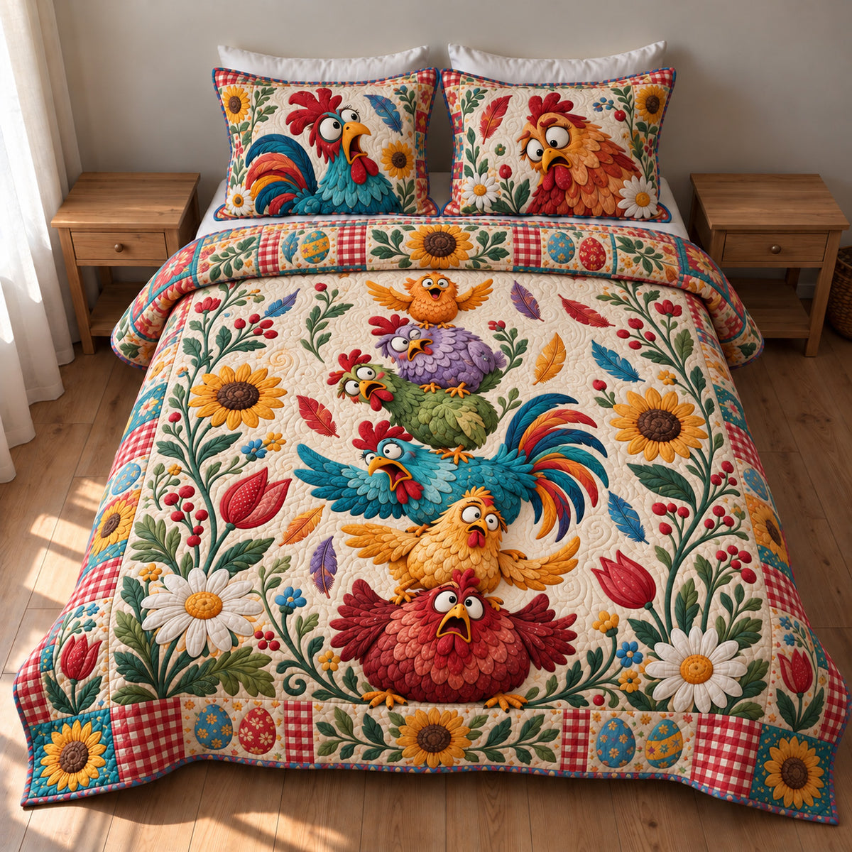 Colorful Chicken Stack 3-Piece Quilted Bedding Set GFTOHNL5141