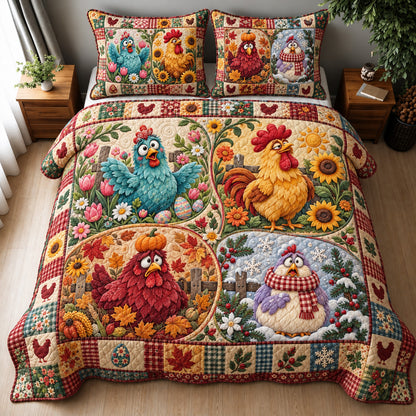 Four Seasons Chickens 3-Piece Quilted Bedding Set GFTOHNL5142