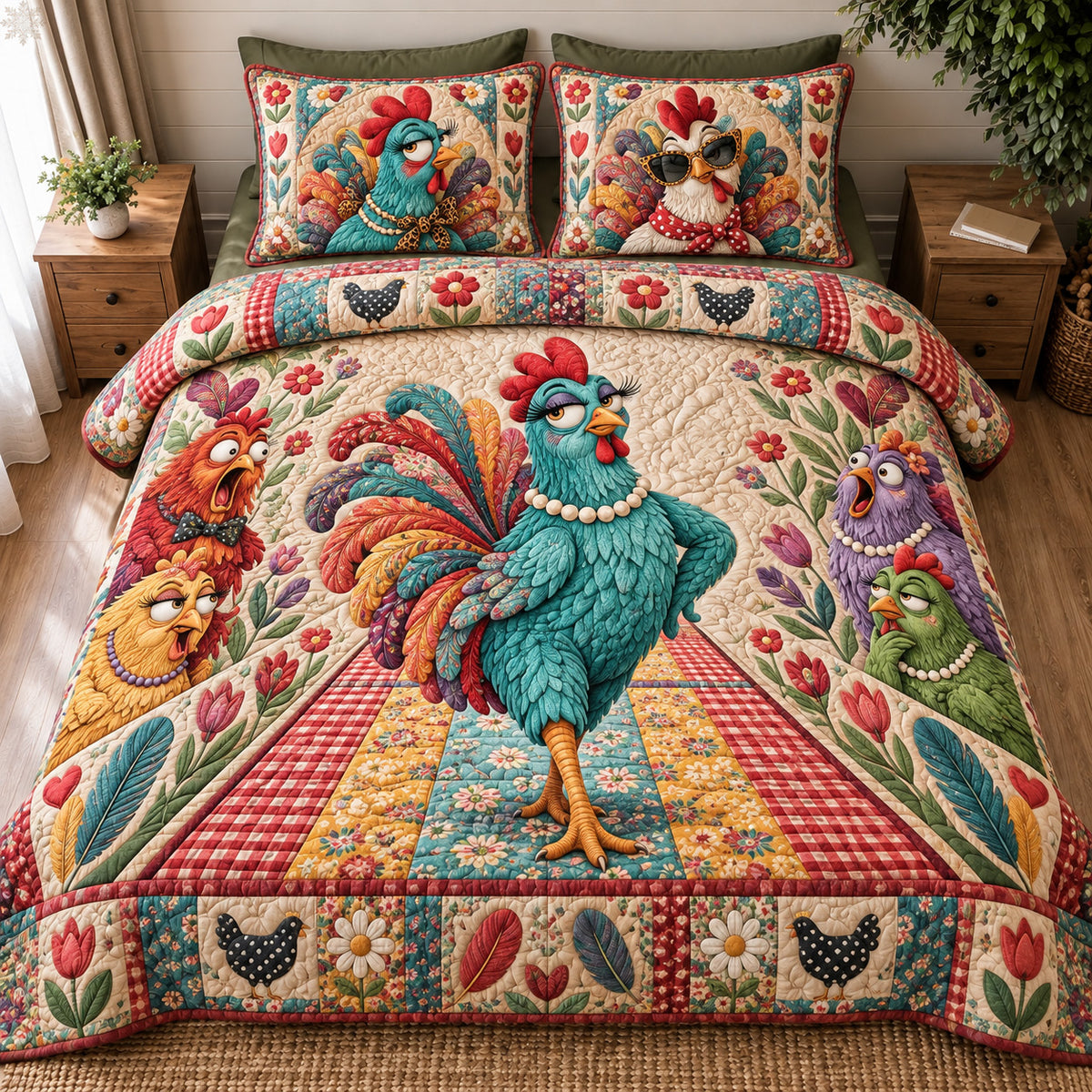 Sassy Chicken Queen 3-Piece Quilted Bedding Set GFTOHNL5143