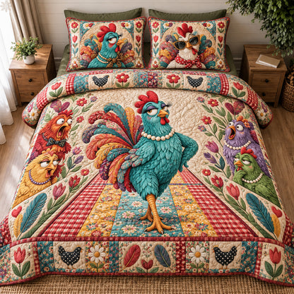 Sassy Chicken Queen 3-Piece Quilted Bedding Set GFTOHNL5143