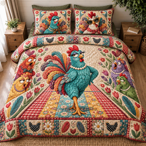 Sassy Chicken Queen 3-Piece Quilted Bedding Set GFTOHNL5143