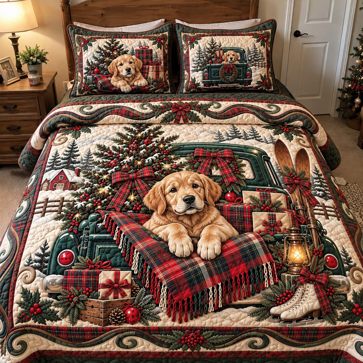 Christmas Puppy Truck 3-Piece Quilted Bedding Set GFTOHNL5211