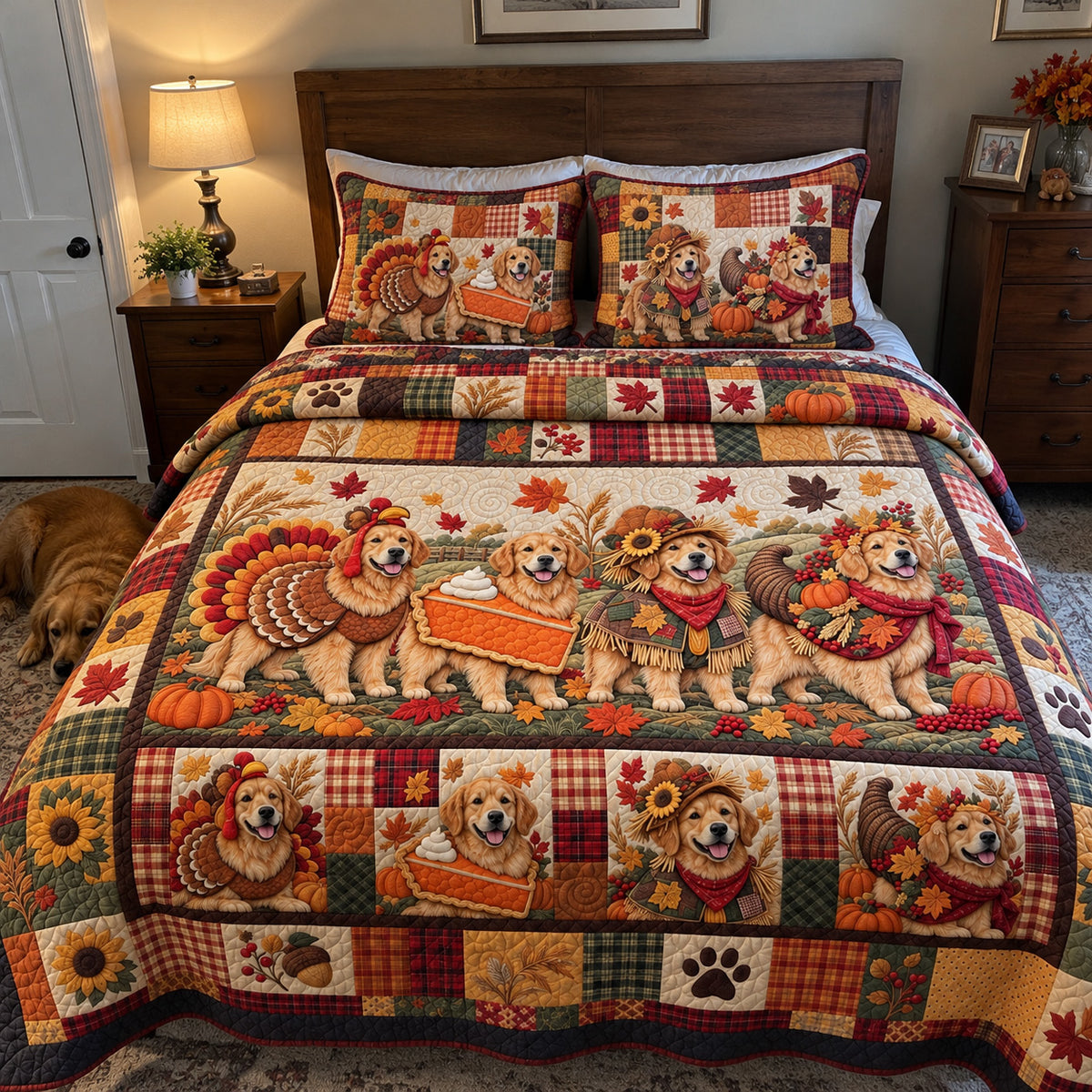 Thanksgiving Golden Retriever 3-Piece Quilted Bedding Set GFTOHNL5212