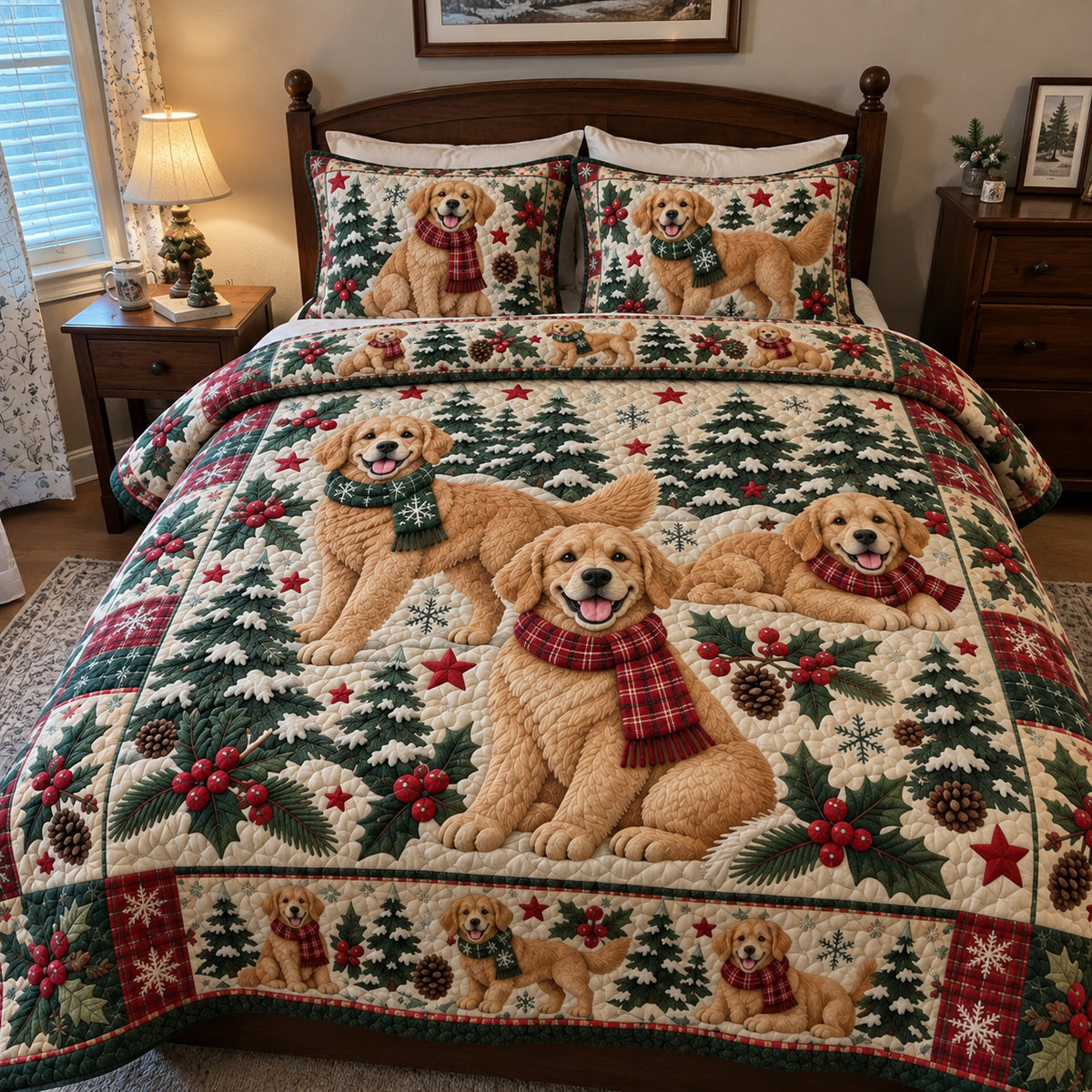 Golden Retriever Winter 3-Piece Quilted Bedding Set GFTOHNL5213