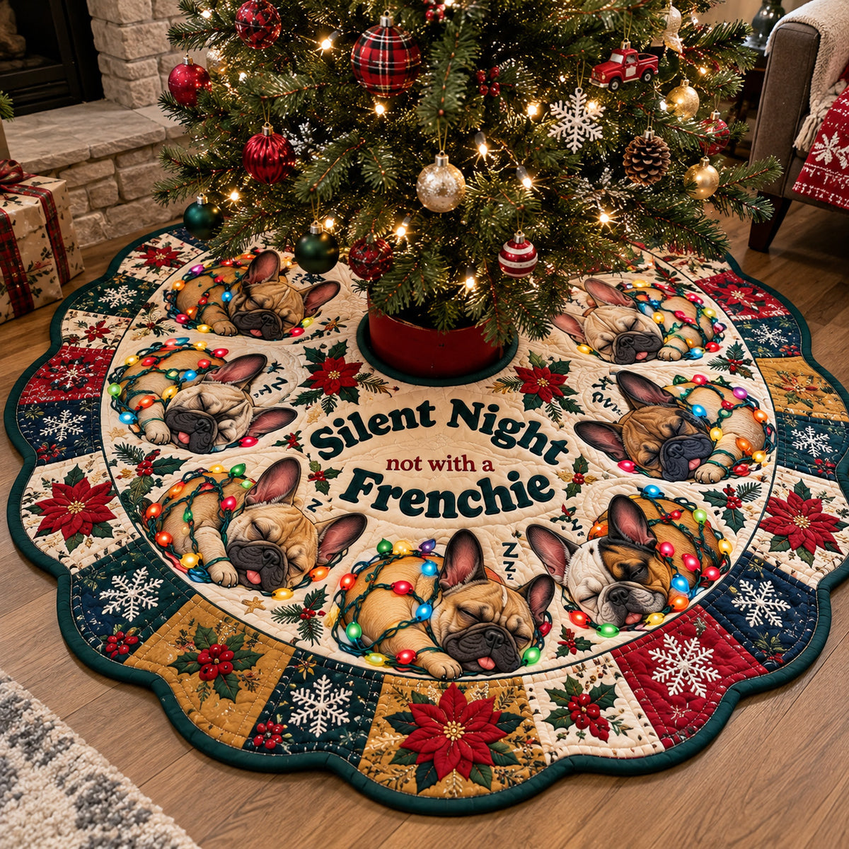 Sleeping Frenchie Custom Shape Christmas Quilted Tree Skirt GFTOHNL5216