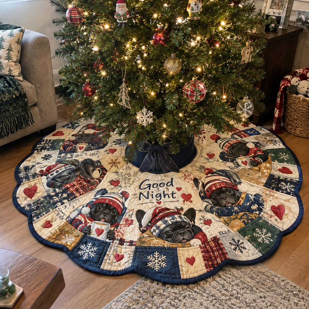 Cozy Frenchie Christmas Custom Shape Christmas Quilted Tree Skirt GFTOHNL5217