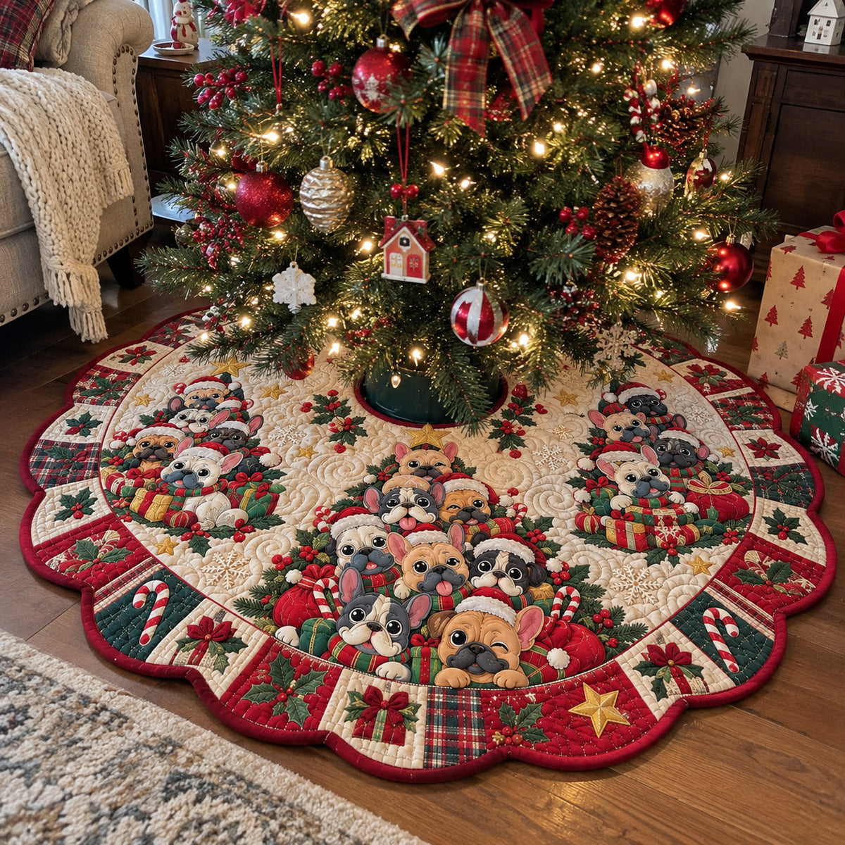 Frenchie Santa Paws Custom Shape Christmas Quilted Tree Skirt GFTOHNL5220