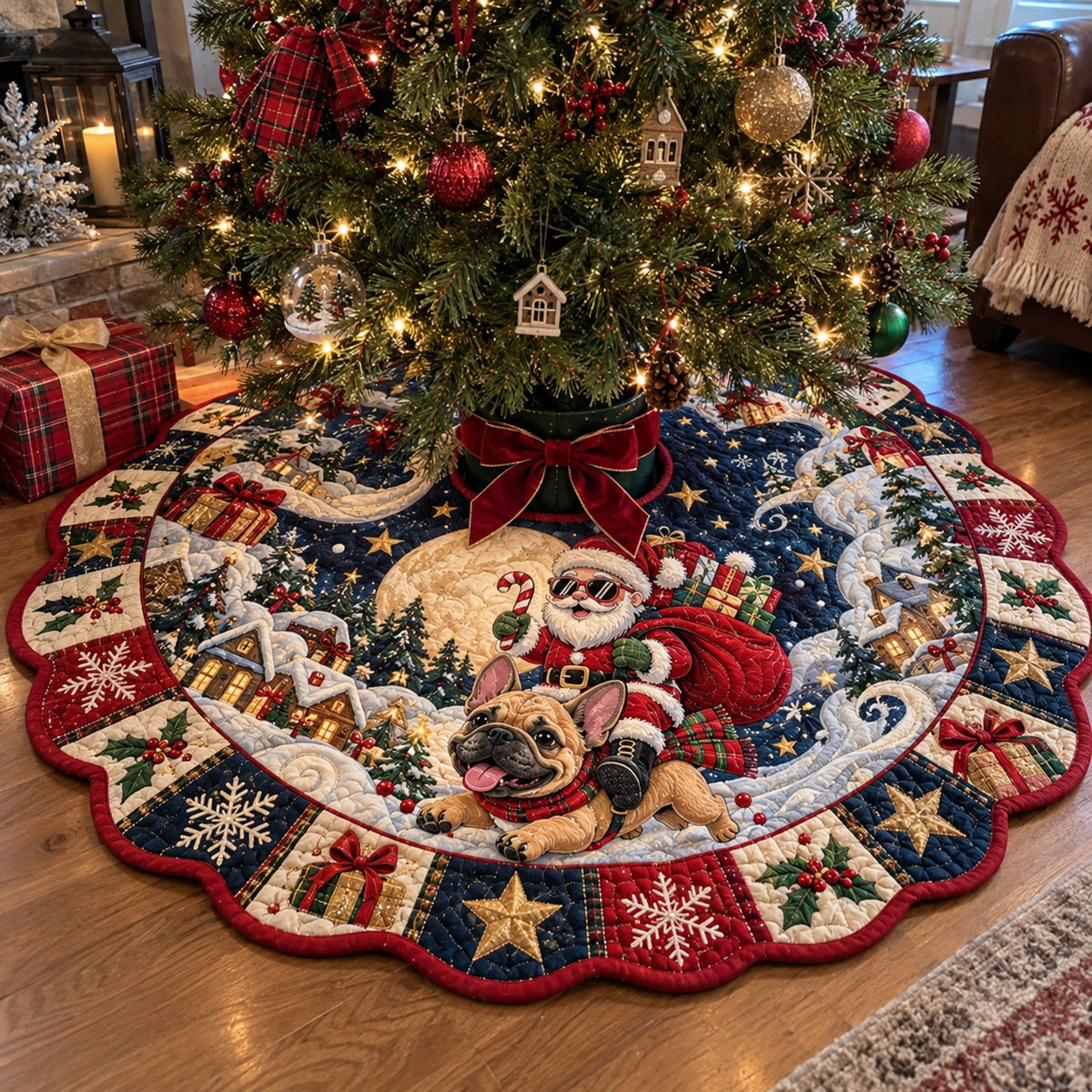 Santa Frenchie Ride Custom Shape Christmas Quilted Tree Skirt GFTOHNL5221