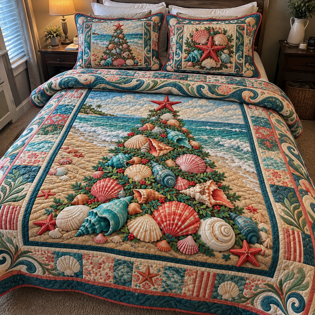 Coastal Seashell Christmas Tree 3-Piece Quilted Bedding Set GFTOHNL5243