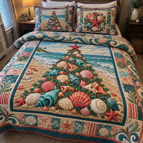 Coastal Seashell Christmas Tree 3-Piece Quilted Bedding Set GFTOHNL5243