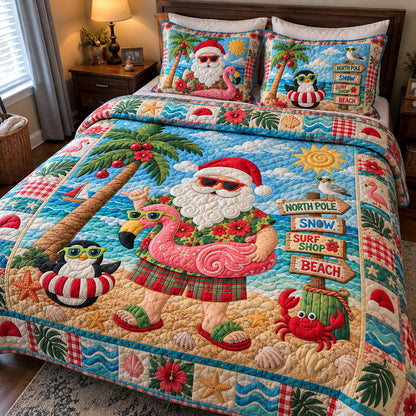 Santa Flamingo Beach Christmas 3-Piece Quilted Bedding Set GFTOHNL5244