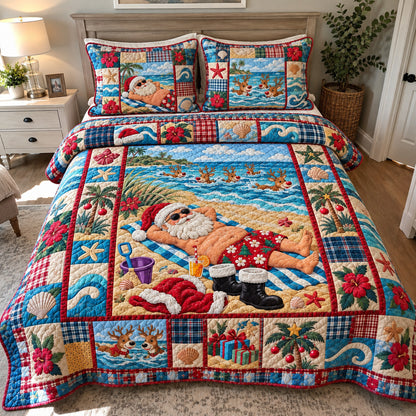 Santa And Reindeer Beach Vacation 3-Piece Quilted Bedding Set GFTOHNL5246