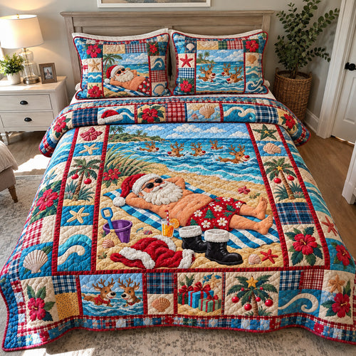 Santa And Reindeer Beach Vacation 3-Piece Quilted Bedding Set GFTOHNL5246
