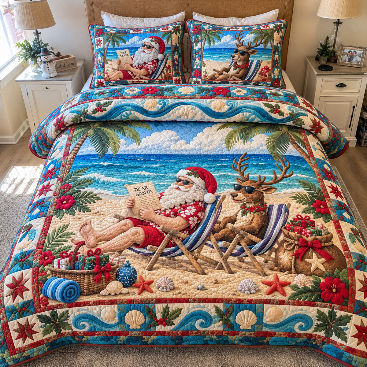 Santa And Rudolph Tropical Christmas 3-Piece Quilted Bedding Set GFTOHNL5247