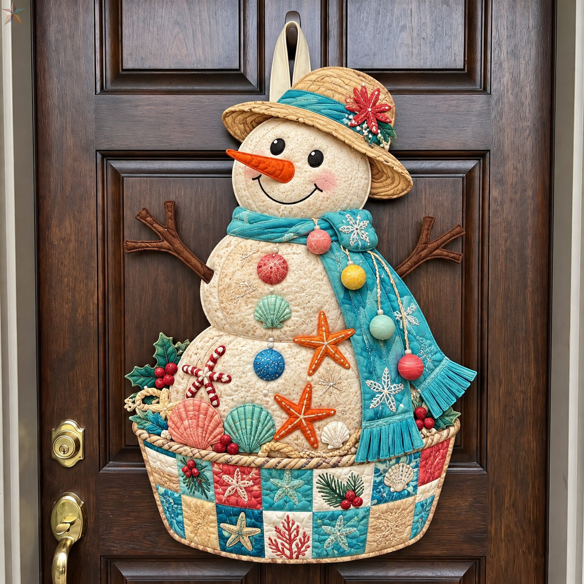 Coastal Christmas Snowman Custom Shape Quilted Door Hanger GFTOHNL5248