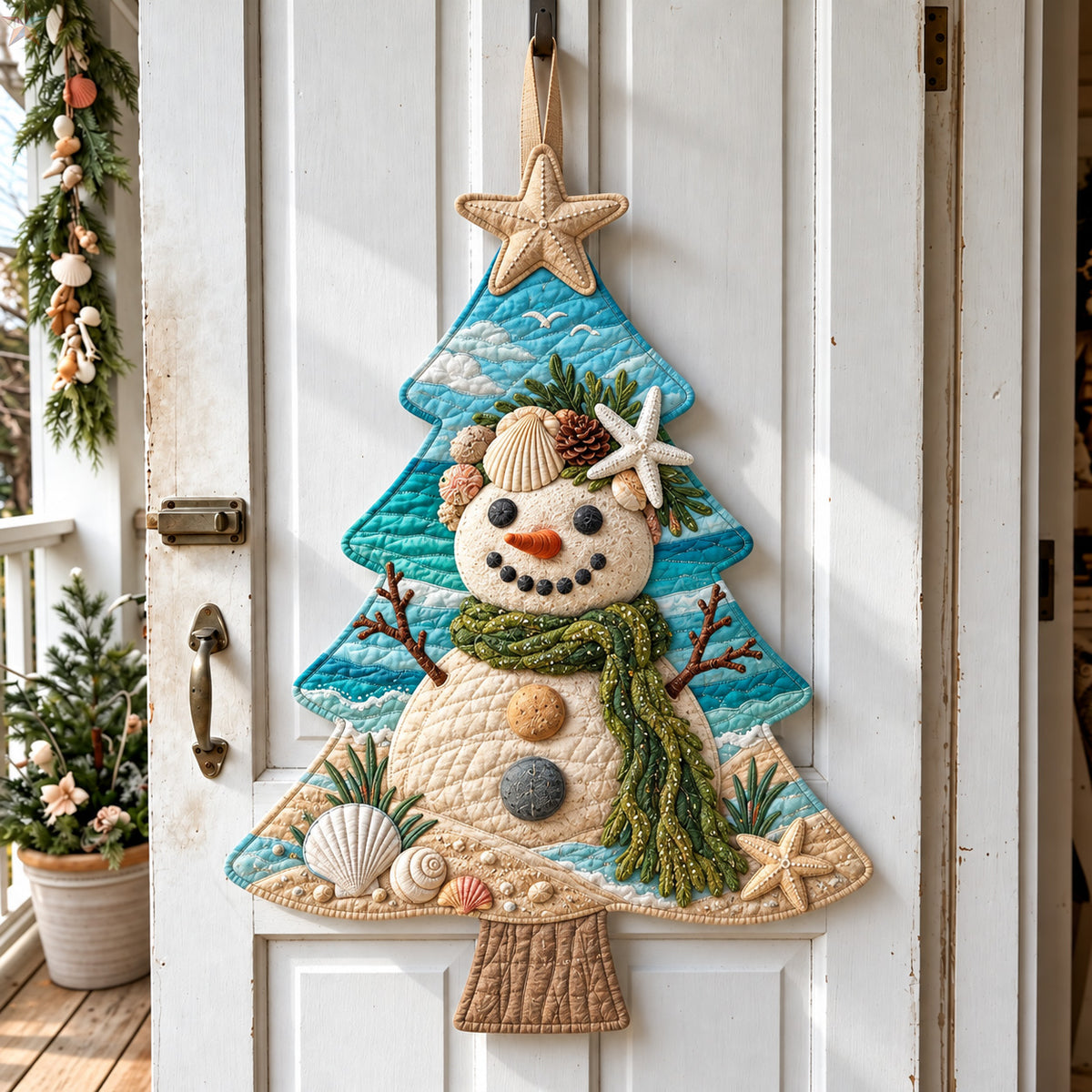 Seashell Christmas Snowman Custom Shape Quilted Door Hanger GFTOHNL5254