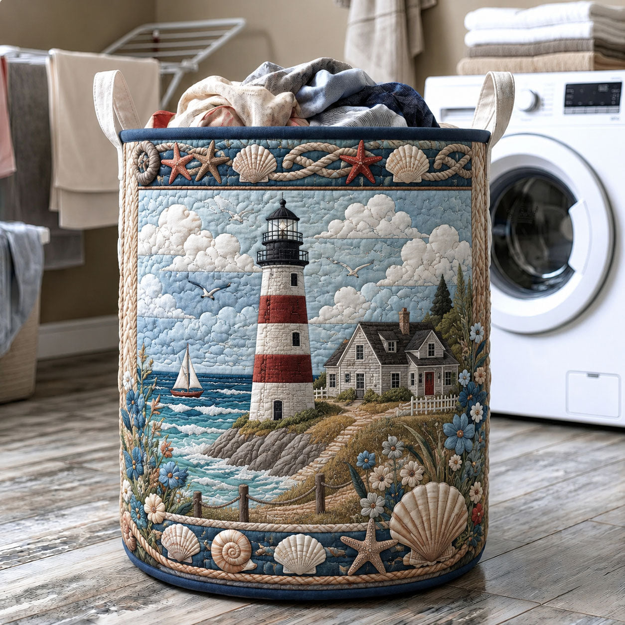 Lighthouse Haven Quilted Laundry Basket GFTOHNL537