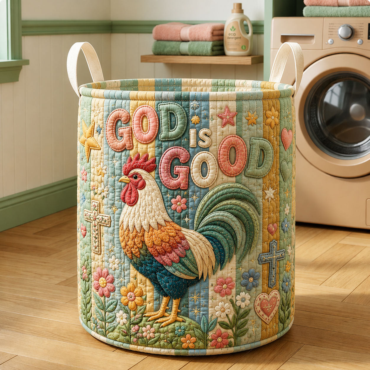 God Is Good Rooster Quilted Laundry Basket GFTOHNL546