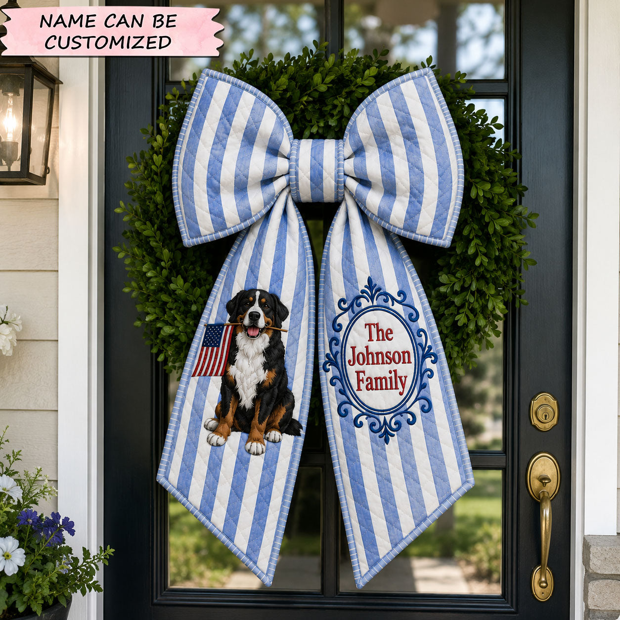 Personalized Blue Stripe Bernese Dog Quilted Wreath Sash QTCUZ GFTOHNL715