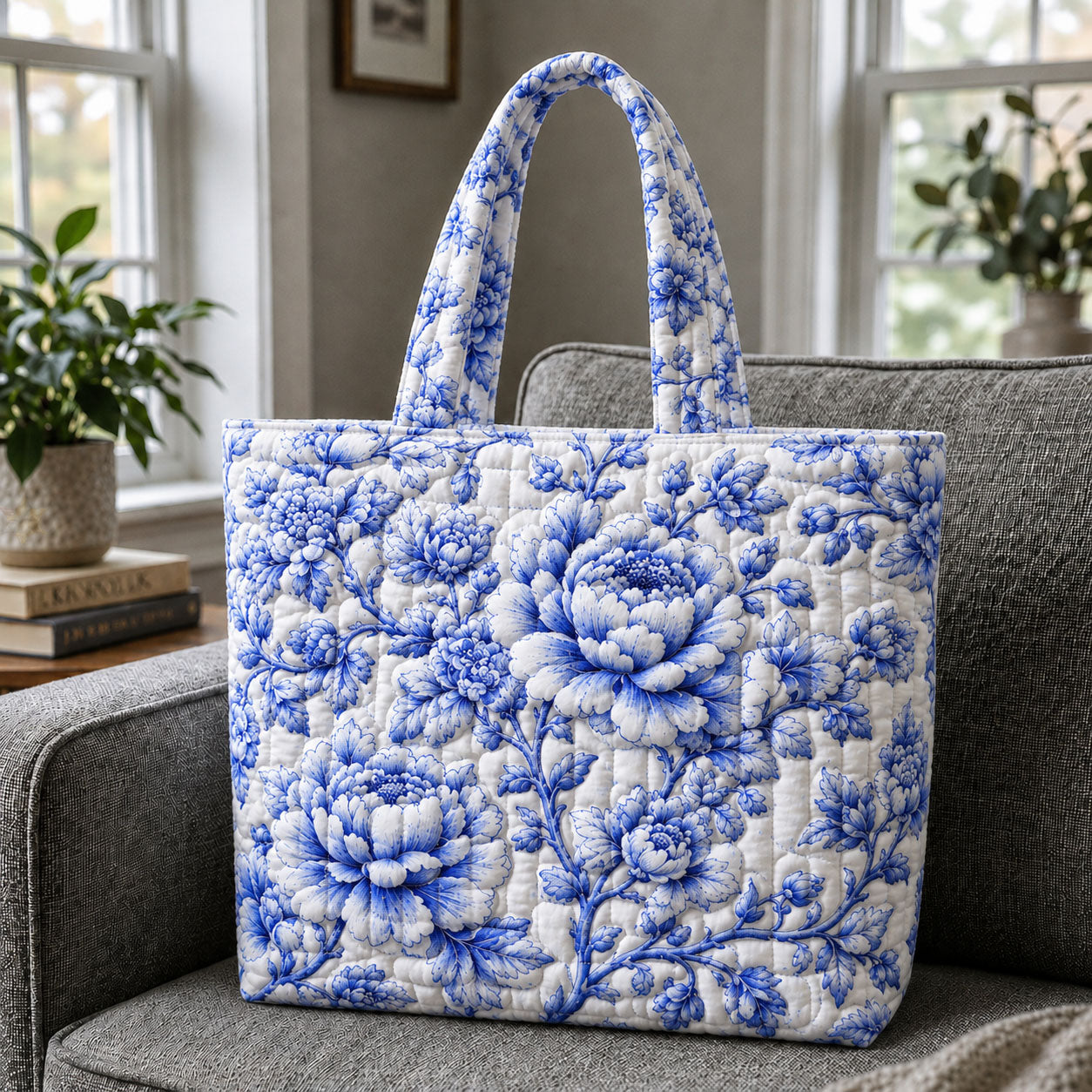 Porcelain Peony Toile De Jouy Quilted Tote Bag GFTOHNL726