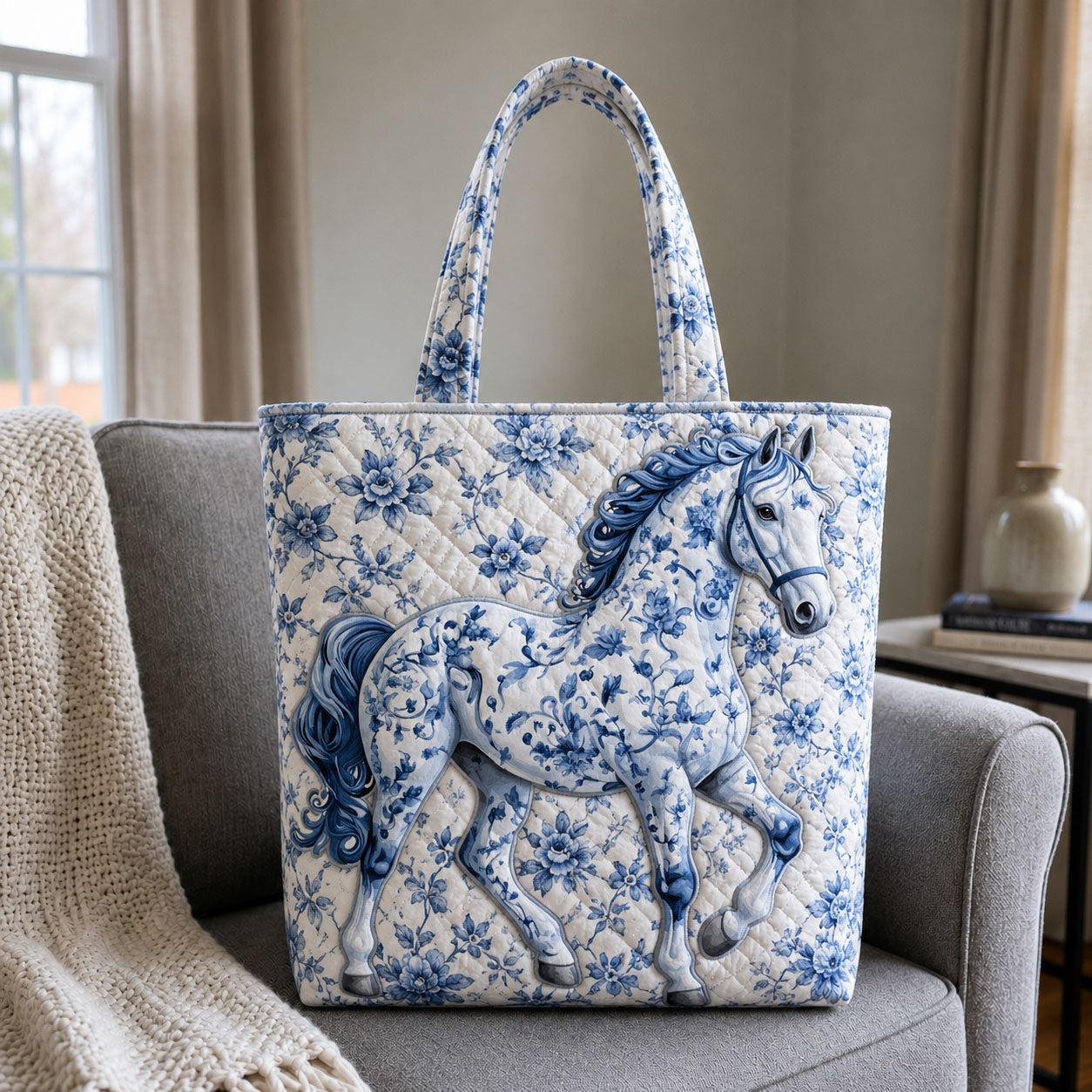 Jouy Porcelain Horse Quilted Tote Bag GFTOHNL730