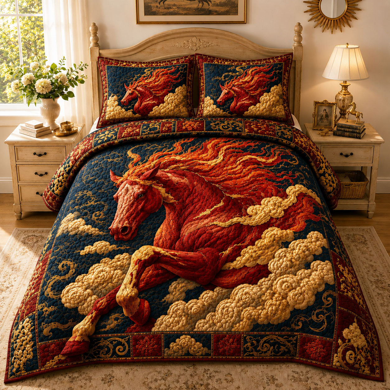 Crimson Celestial Fire Horse 3-Piece Quilted Bedding Set GFTOHNL780