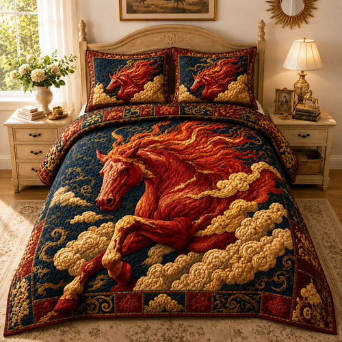 Crimson Celestial Fire Horse 3-Piece Quilted Bedding Set GFTOHNL780