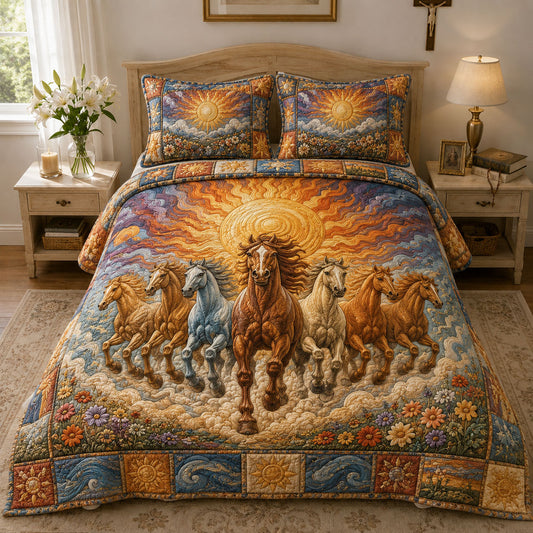 Golden Sunrise Seven Running Horses 3-Piece Quilted Bedding Set GFTOHNL781