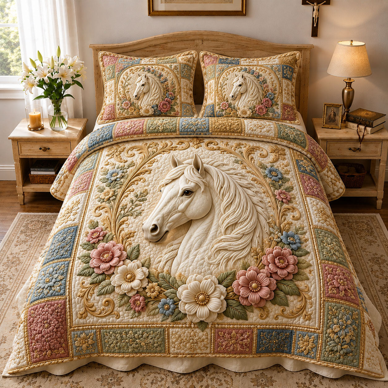 Victorian Floral White Horse 3-Piece Quilted Bedding Set GFTOHNL782