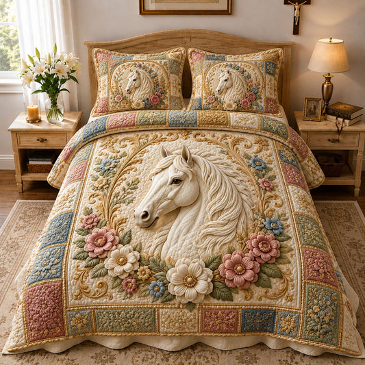 Victorian Floral White Horse 3-Piece Quilted Bedding Set GFTOHNL782
