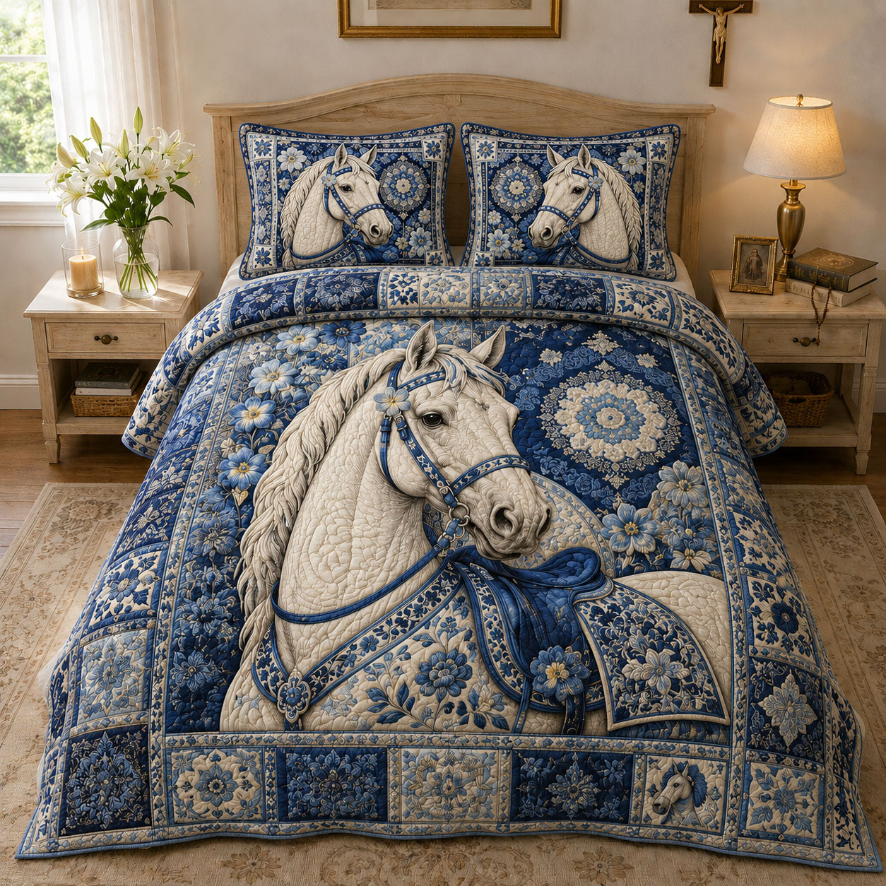 Blue Porcelain Equestrian 3-Piece Quilted Bedding Set GFTOHNL783