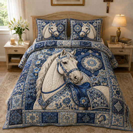 Blue Porcelain Equestrian 3-Piece Quilted Bedding Set GFTOHNL783