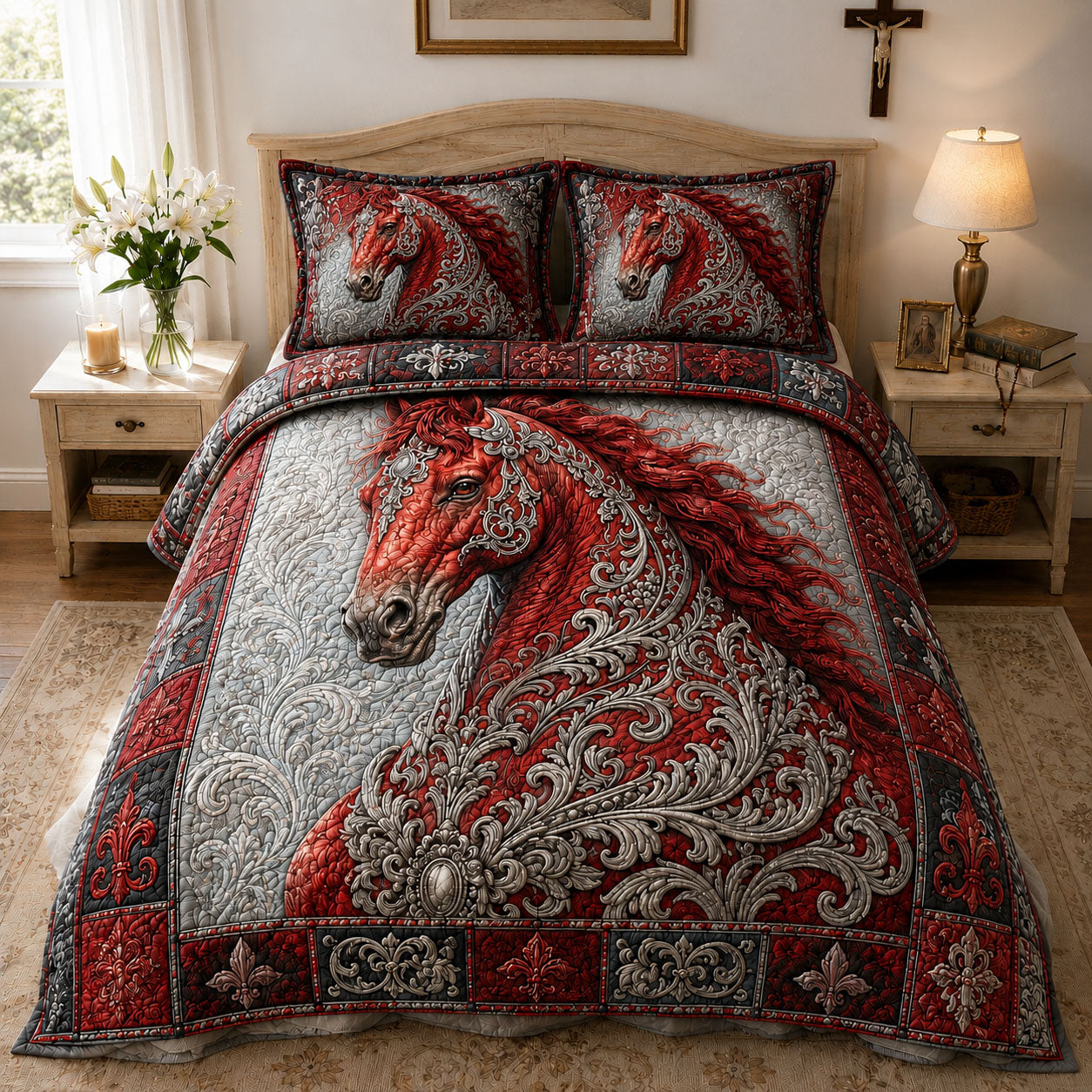 Crimson Filigree Arabian Stallion 3-Piece Quilted Bedding Set GFTOHNL784