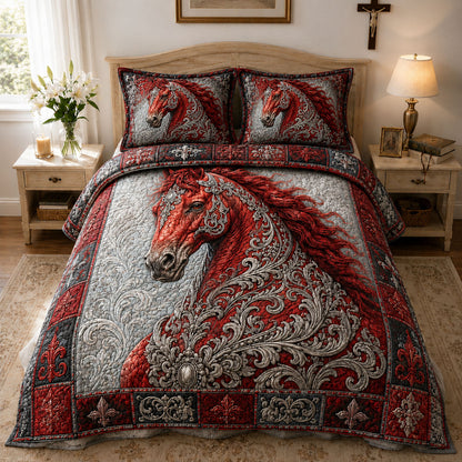 Crimson Filigree Arabian Stallion 3-Piece Quilted Bedding Set GFTOHNL784