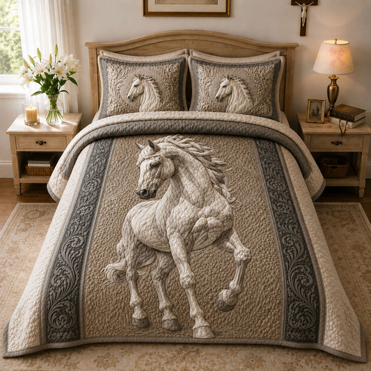 Ivory Heritage White Stallion 3-Piece Quilted Bedding Set GFTOHNL785