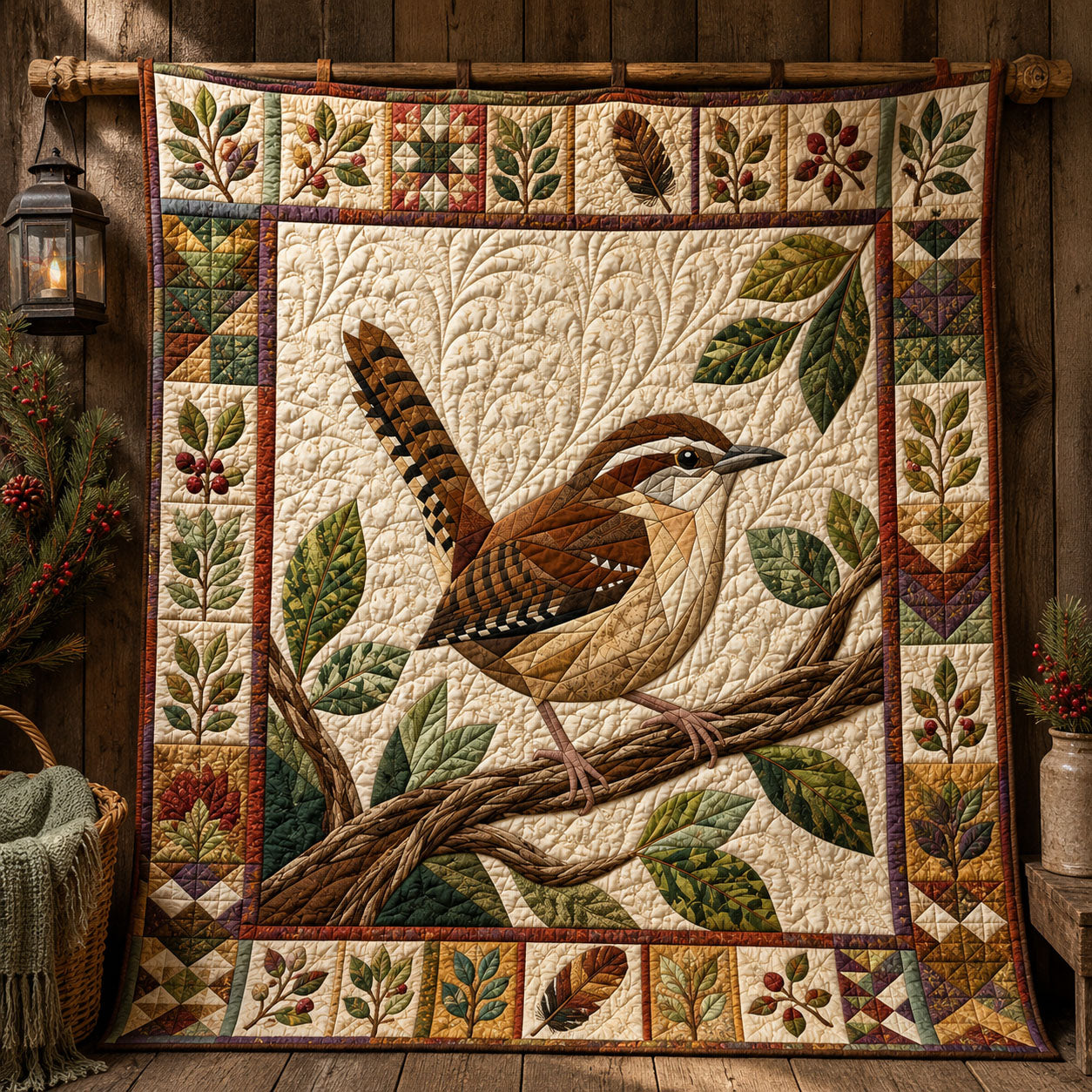 Carolina Wren Rustic Woodland Quilted Blanket GFTOHNL835