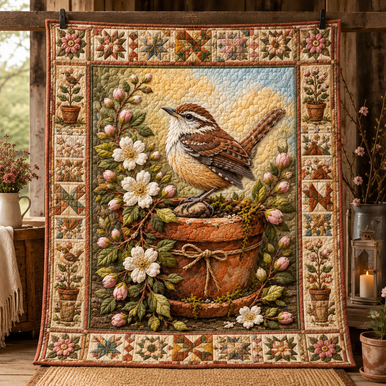 Carolina Wren Spring Garden Quilted Blanket GFTOHNL836