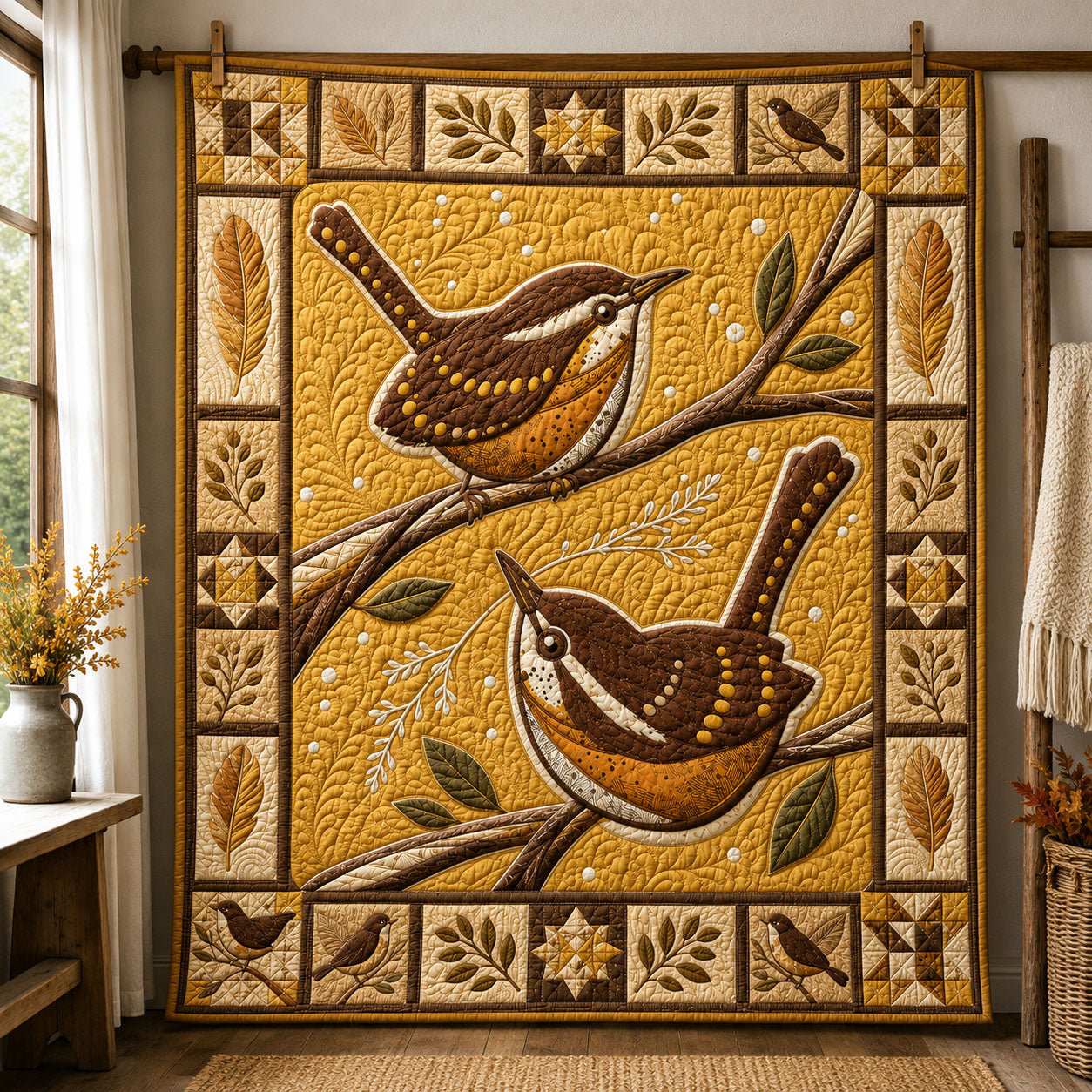 Golden Autumn Wrens Folk Quilted Blanket GFTOHNL839