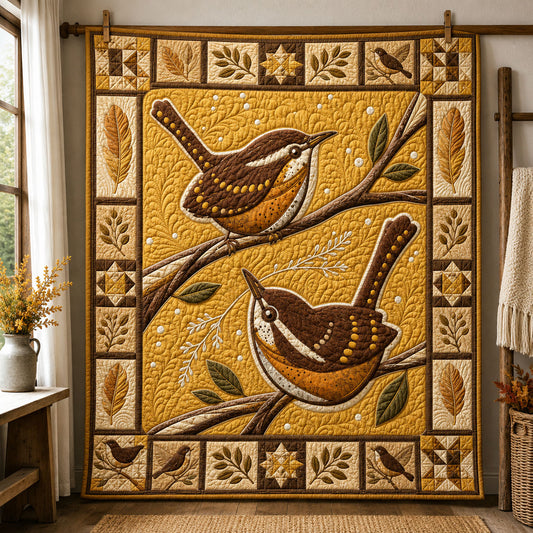 Golden Autumn Wrens Folk Quilted Blanket GFTOHNL839