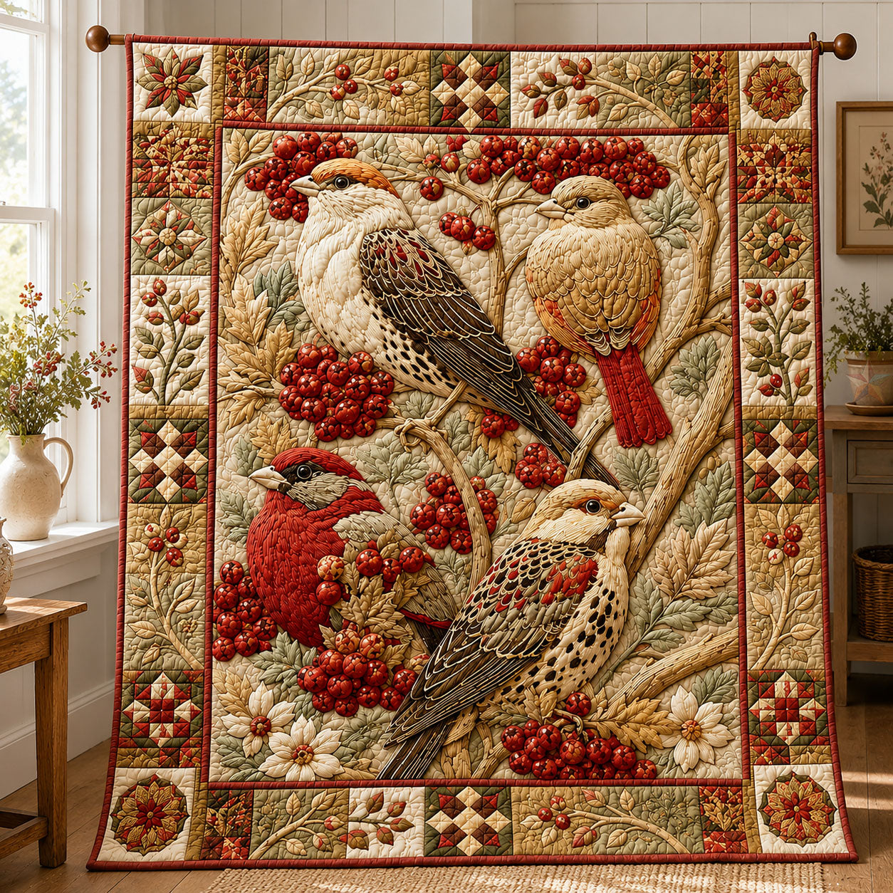 Cardinal And Sparrow Berry Garden Quilted Blanket GFTOHNL841