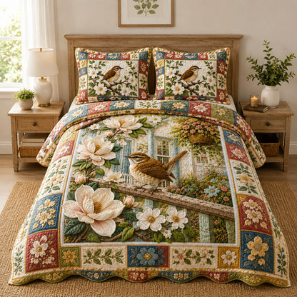 Cottage Garden Wren Magnolia 3-Piece Quilted Bedding Set GFTOHNL844