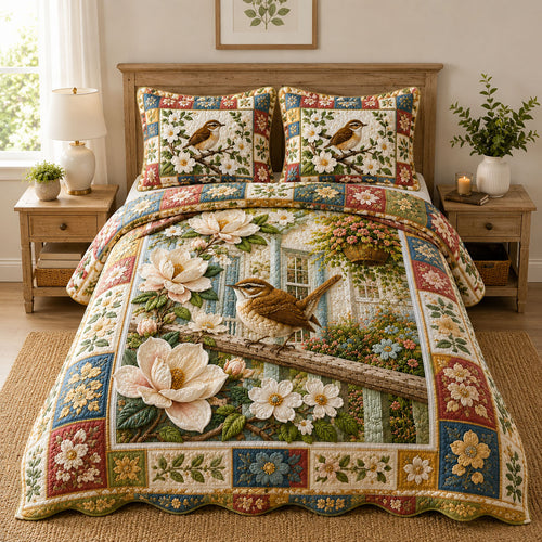 Cottage Garden Wren Magnolia 3-Piece Quilted Bedding Set GFTOHNL844
