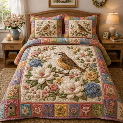 Pastel Wildflower Wren 3-Piece Quilted Bedding Set GFTOHNL845
