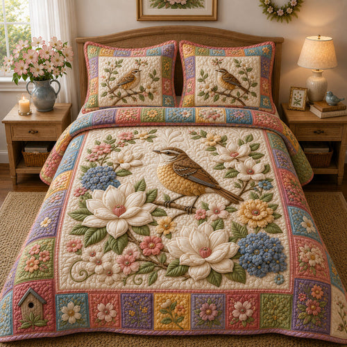 Pastel Wildflower Wren 3-Piece Quilted Bedding Set GFTOHNL845