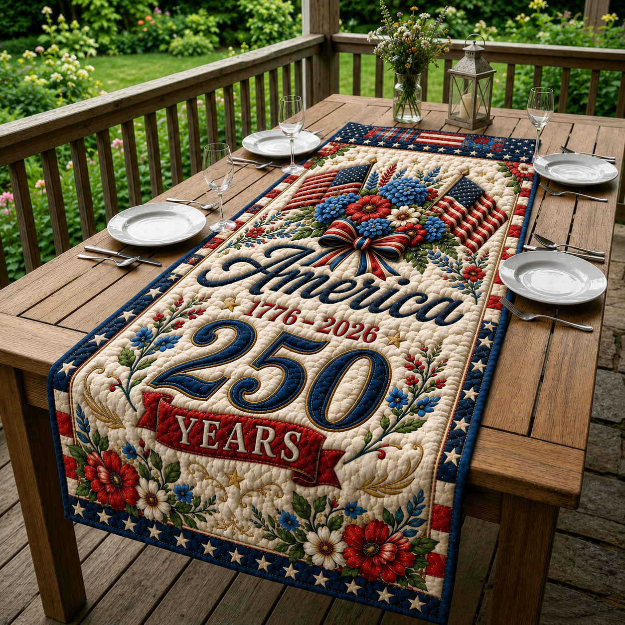Heritage American Flag Flowers Quilted Table Runner GFTOHNL87