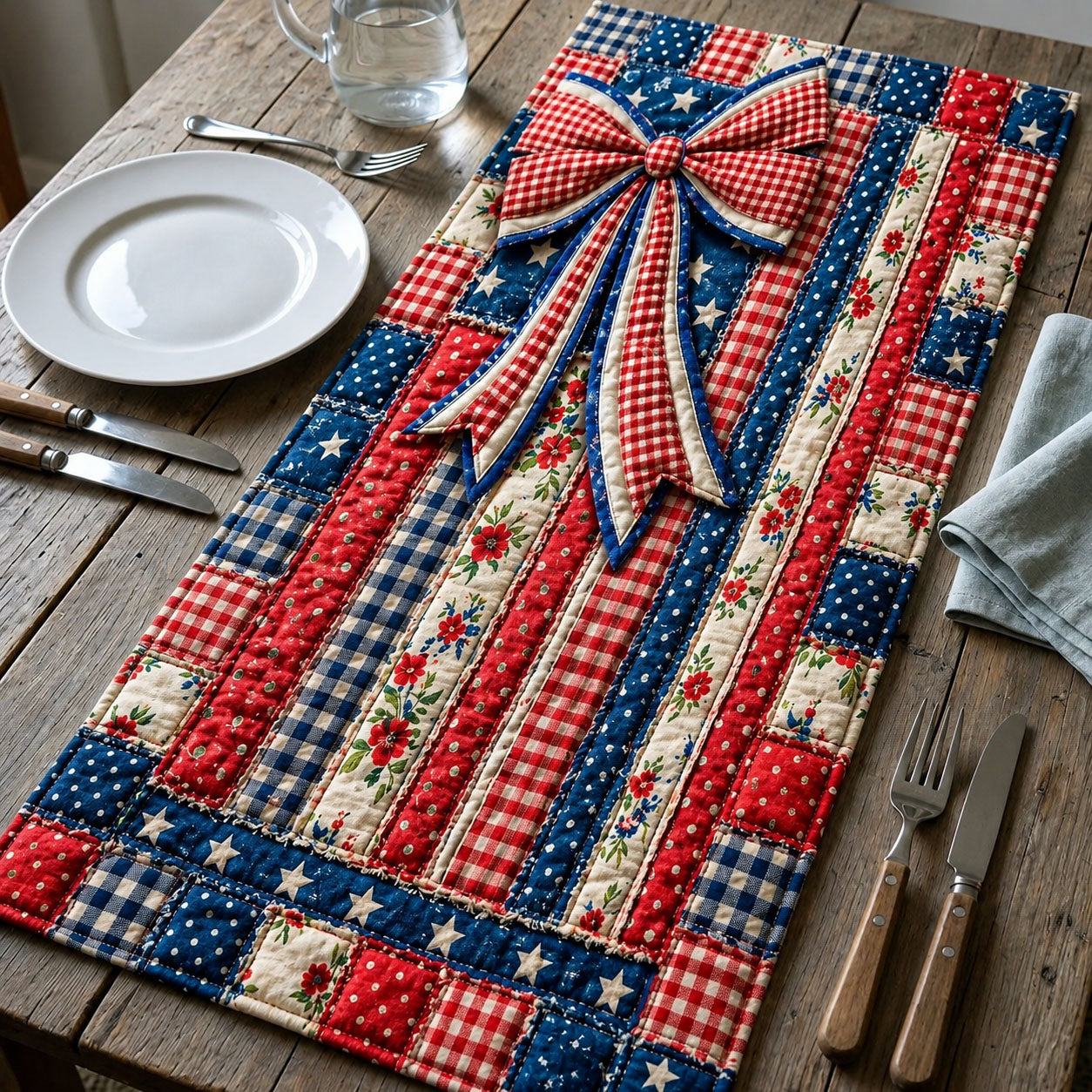 Vintage American Ribbon Bow Quilted Table Runner GFTOHNL88