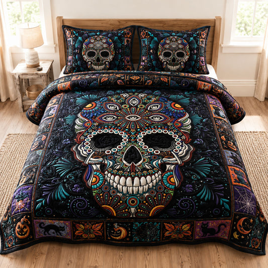 Mystic Neon Sugar Skull 3-Piece Quilted Bedding Set GFTOHNL884